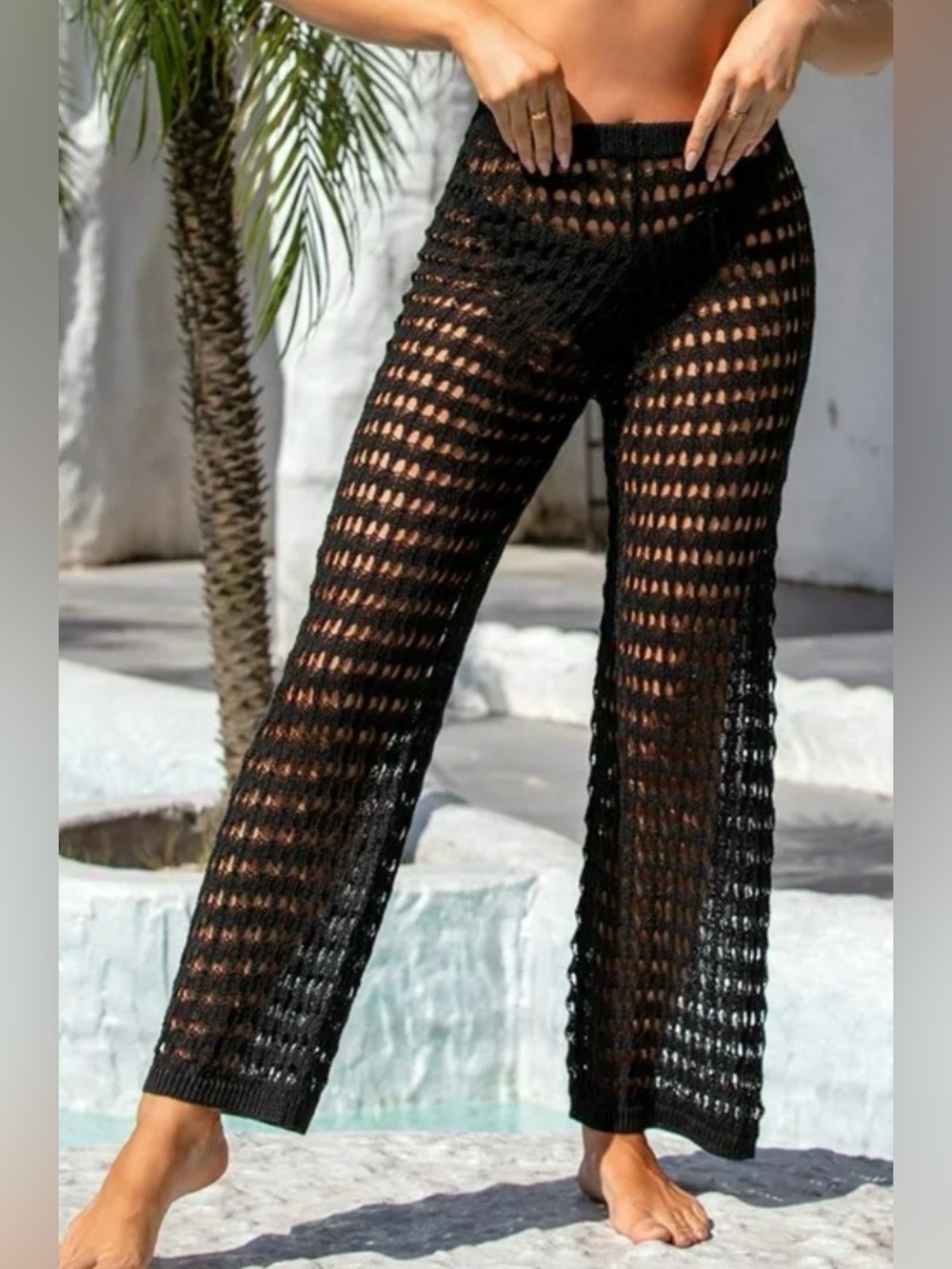 Black crochet beach pants/ swim coverups/ wide leg, elastic waist. XL. NWT
